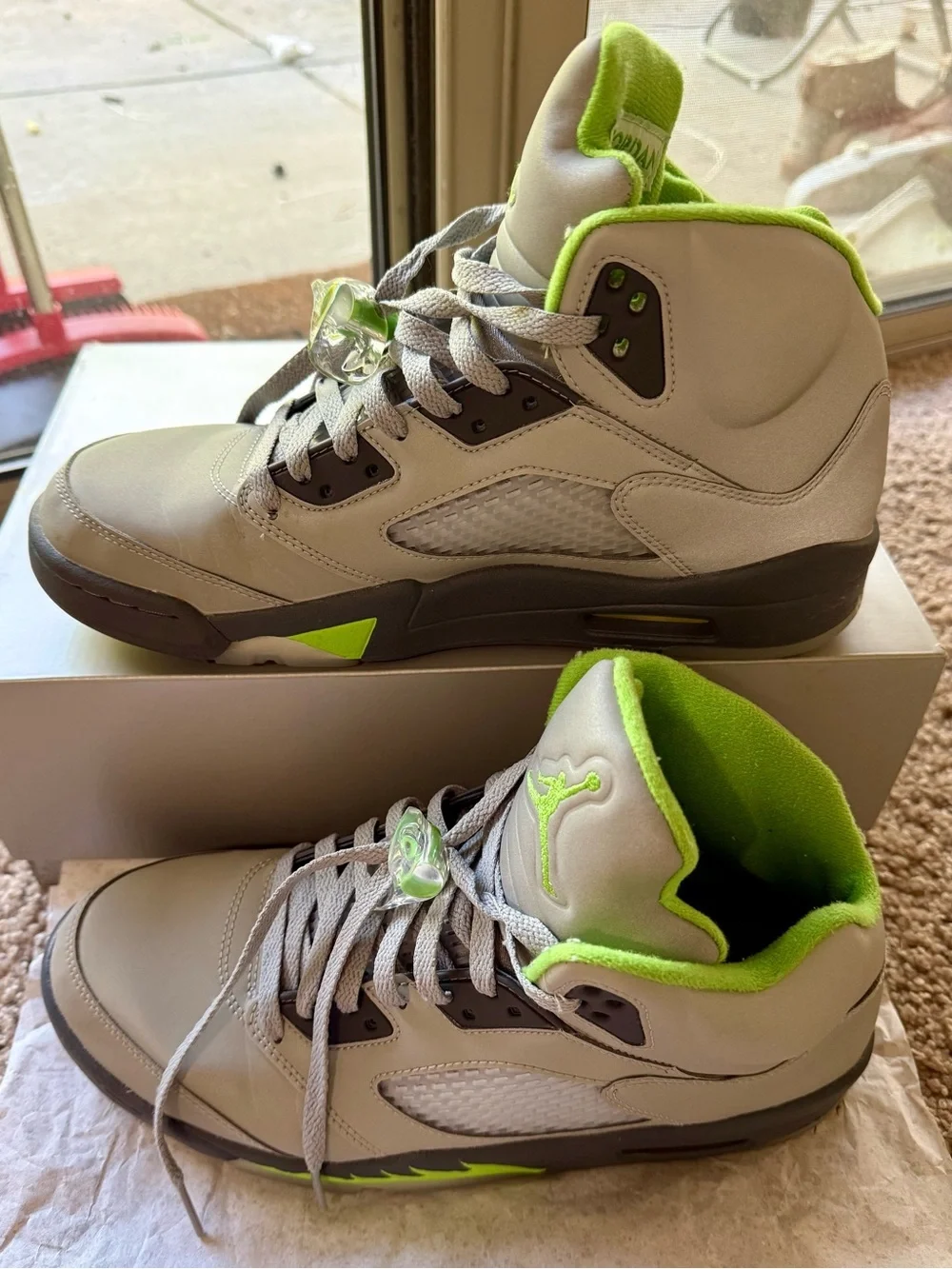 Air Jordan 5 Retro High-Top Sneakers in Grey and Lime Green